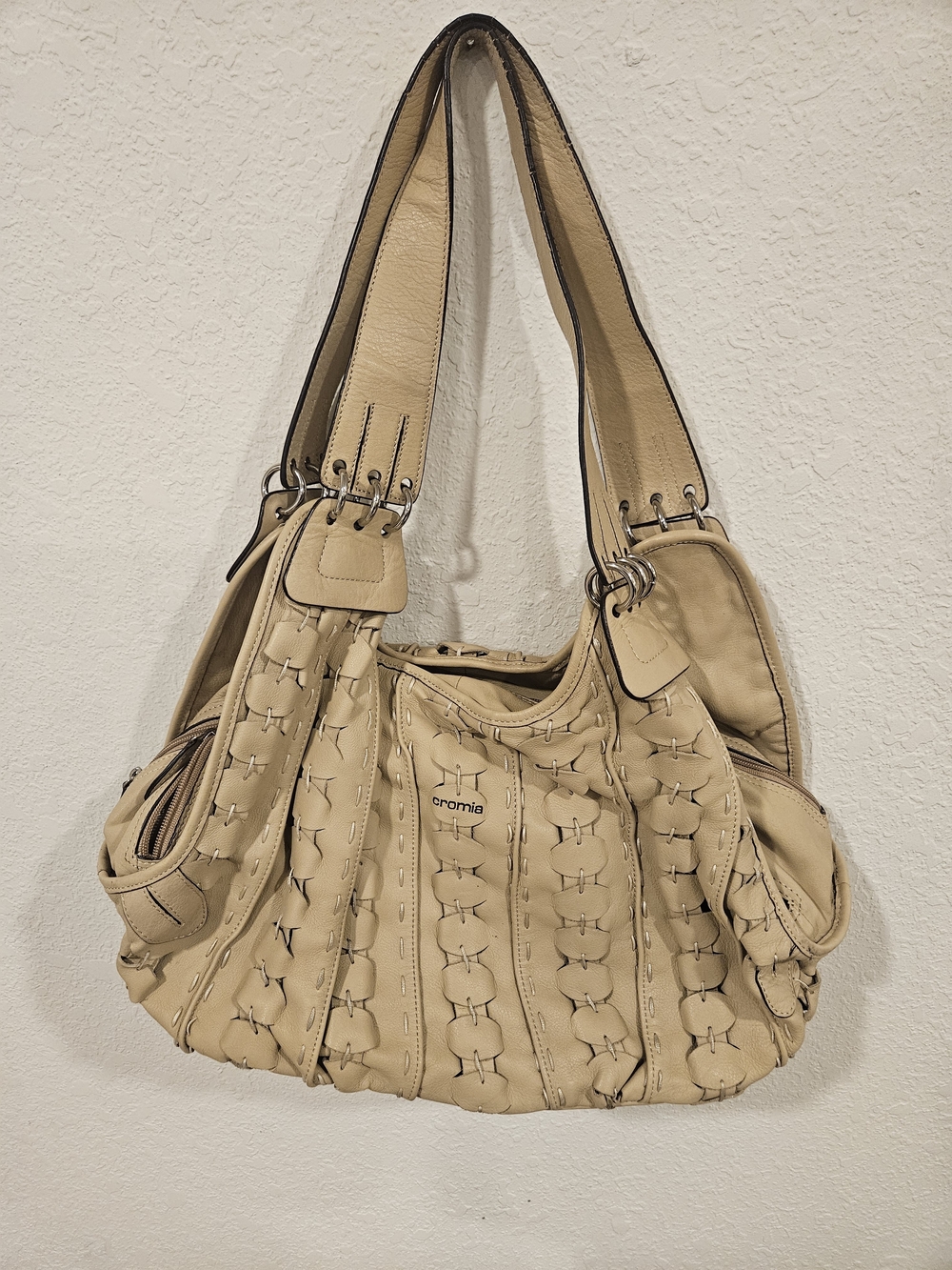 Cromia Beige Woven-Detail Shoulder Bag